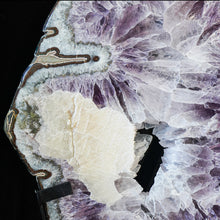 Load image into Gallery viewer, AMETHYST SLICE WITH CALCITE ON ROTATING BASE