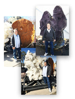 Three photos of Jeffrey Segal standing in front of large crystals that tower over him in size
