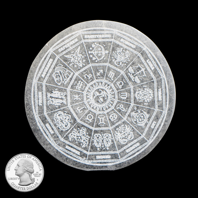 SELENITE TILE WITH ETCHED ZODIAC WHEEL