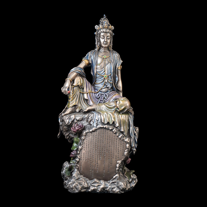 QUAN YIN WATERMOON BODHISATTVA with HEART SUTRA ENCRYPTION RESIN STATUE