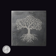 Load image into Gallery viewer, SHUNGITE SQUARE TILE with ENGRAVED TREE OF LIFE