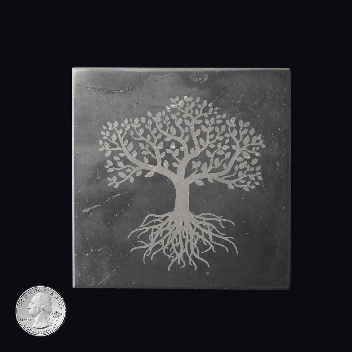 SHUNGITE SQUARE TILE with ENGRAVED TREE OF LIFE