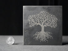 Load image into Gallery viewer, SHUNGITE SQUARE TILE with ENGRAVED TREE OF LIFE