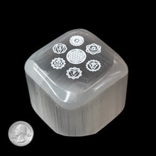 Load image into Gallery viewer, SELENITE CUBE with CHAKRA SYMBOLS